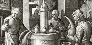 Alchemists at work: picture of the distilling room, copper engraving, circa 1580.