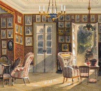 Watercolor of garden room at Kirchheim Palace, Pieter Francis Peters, 1857