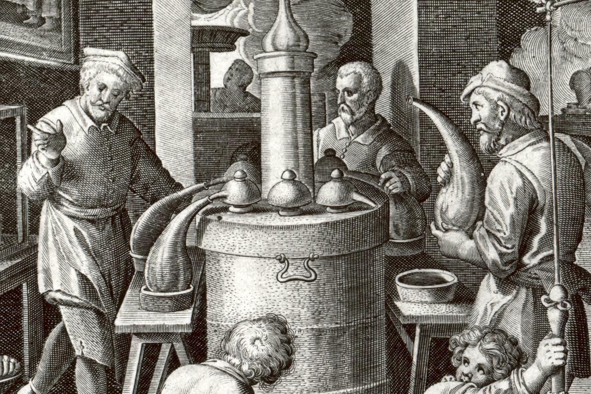 Alchemists at work: picture of the distilling room, copper engraving, circa 1580